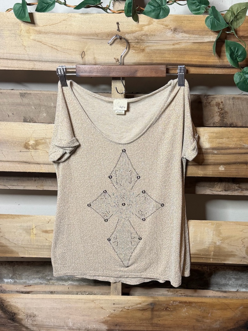 Daytrip Beige Short Sleeve Top with Beaded Diamond Motif